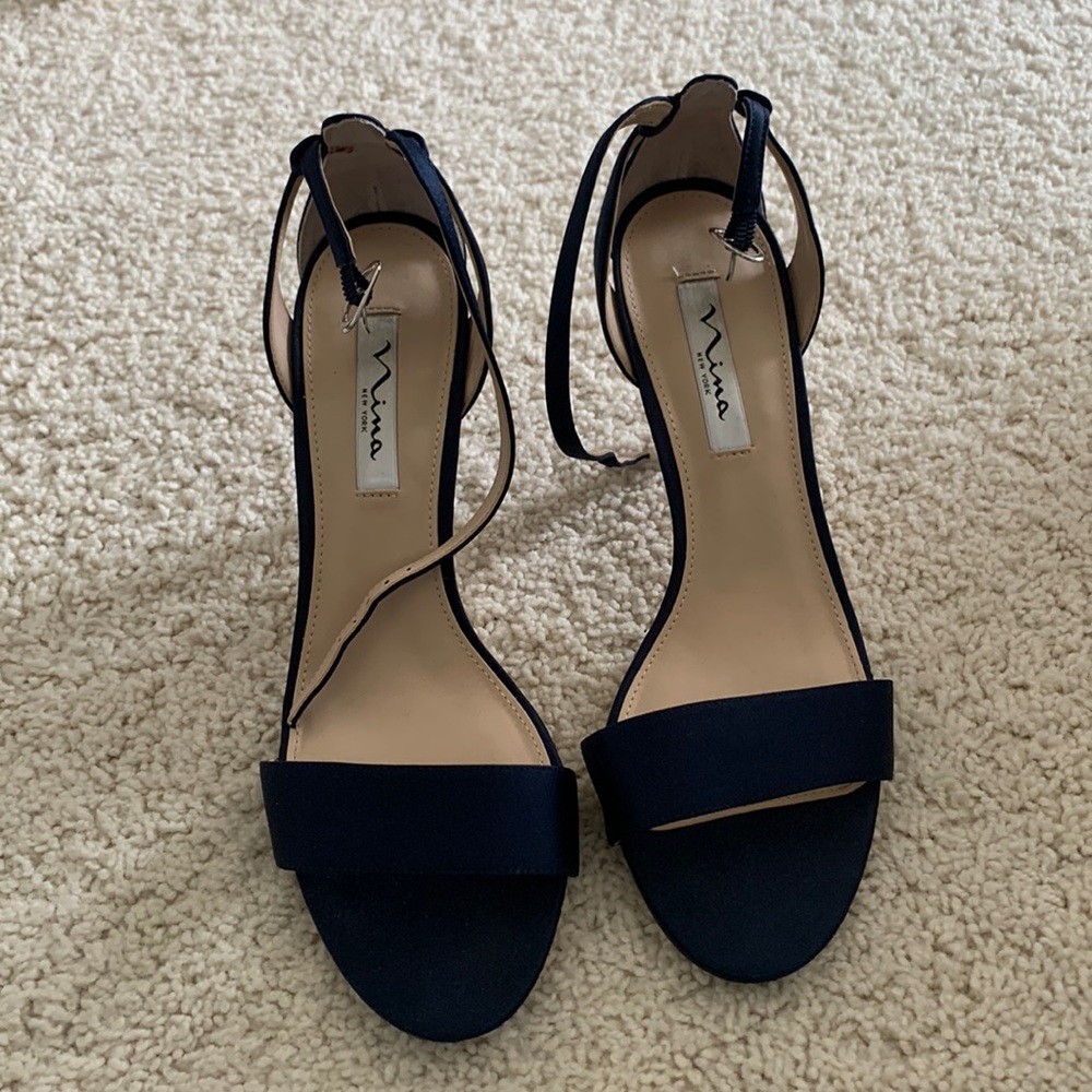 Navy satin heels size 10, open toe